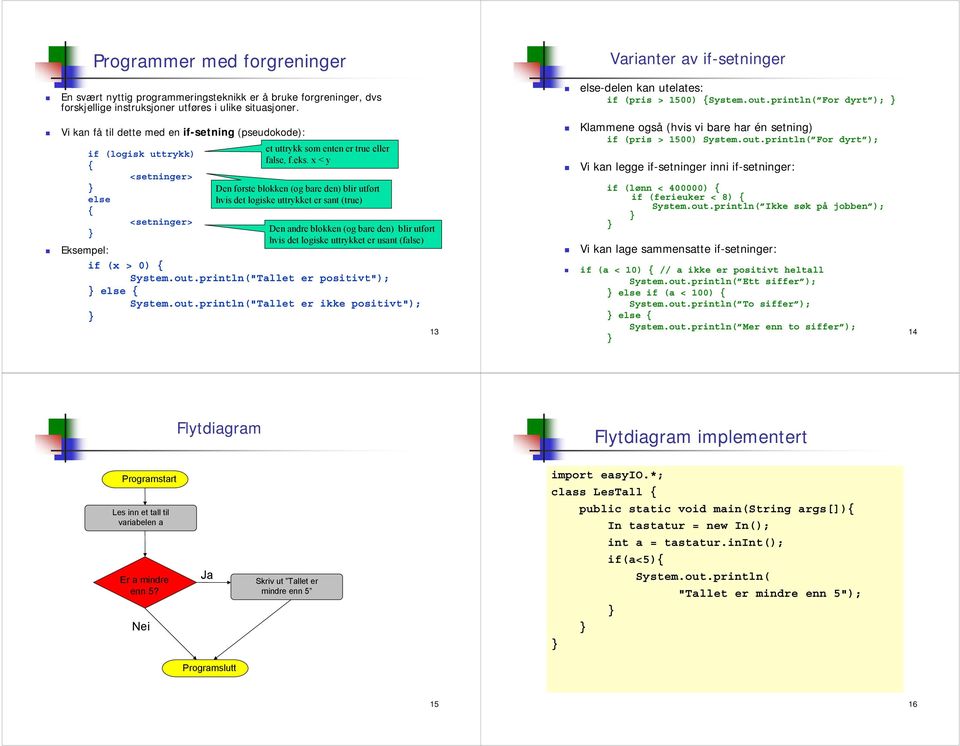 (true) Den andre blokken (og bare den) blir utført hvis det logiske uttrykket er usant (false) Eksempel: if (x > 0) { Systemoutprintln("Tallet er positivt"); else { Systemoutprintln("Tallet er ikke