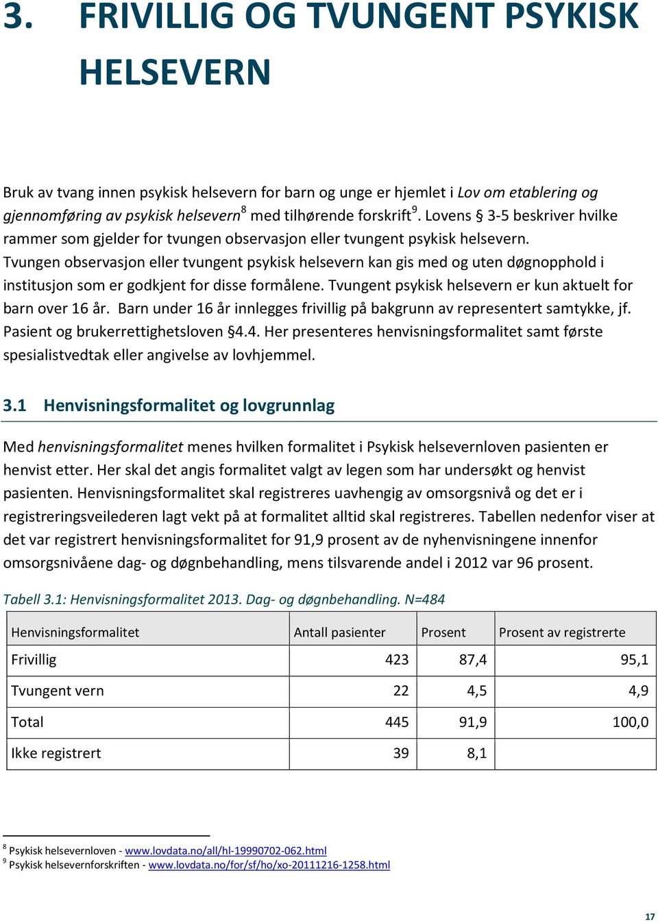 Tvungen observasjon eller tvungent psykisk helsevern kan gis med og uten døgnopphold i institusjon som er godkjent for disse formålene. Tvungent psykisk helsevern er kun aktuelt for barn over 16 år.