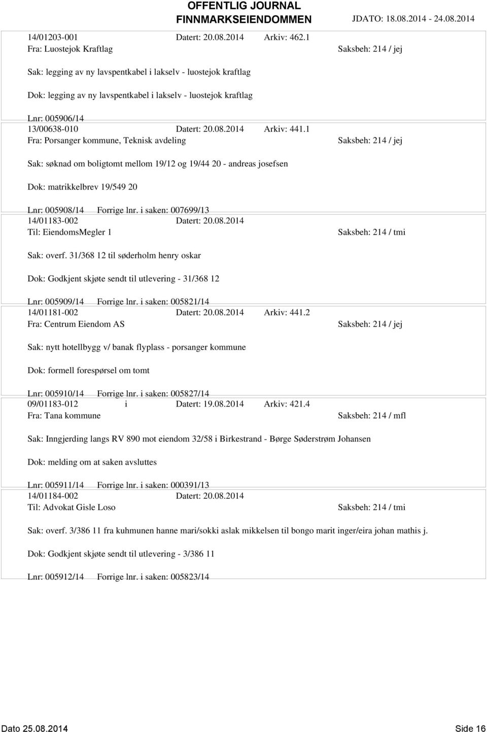 2014 Arkiv: 441.1 Fra: Porsanger kommune, Teknisk avdeling Sak: søknad om boligtomt mellom 19/12 og 19/44 20 - andreas josefsen Dok: matrikkelbrev 19/549 20 Lnr: 005908/14 Forrige lnr.