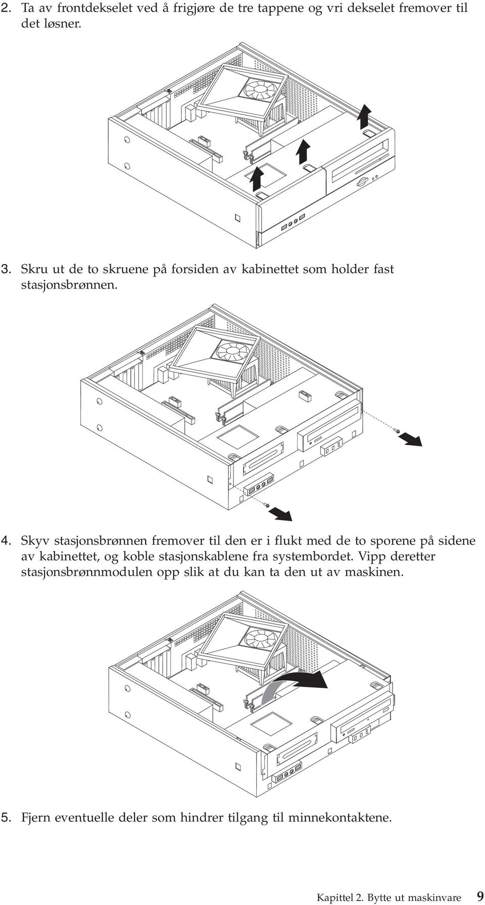 Skyv stasjonsbrønnen fremover til den er i flukt med de to sporene på sidene av kabinettet, og koble stasjonskablene fra