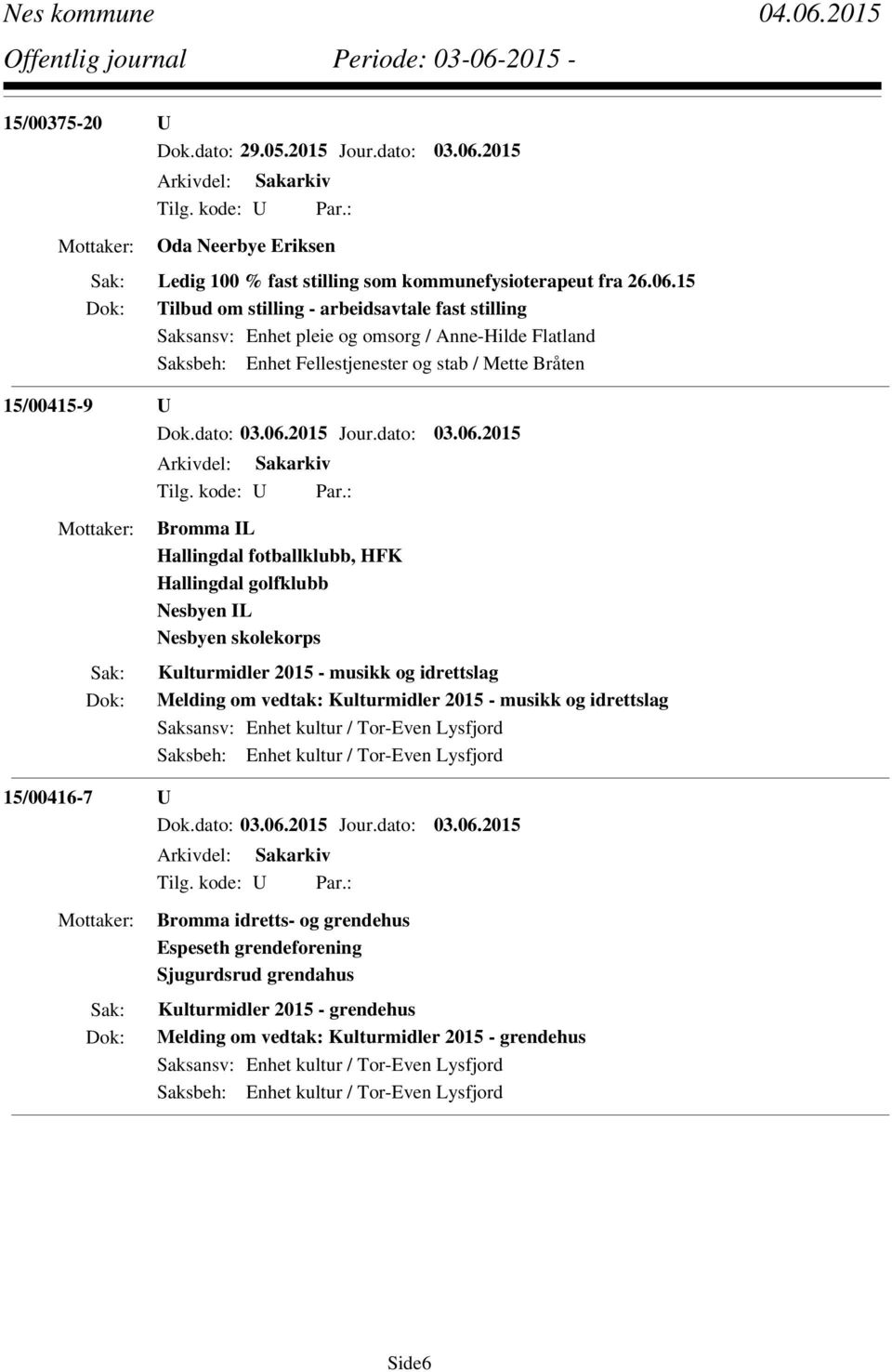 15 Tilbud om stilling - arbeidsavtale fast stilling Saksansv: Enhet pleie og omsorg / Anne-Hilde Flatland Saksbeh: Enhet Fellestjenester og stab / Mette Bråten 15/00415-9 U Bromma IL Hallingdal