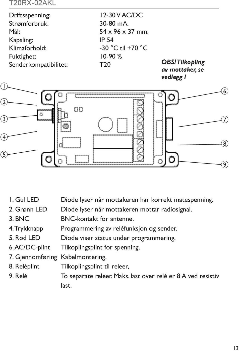 Gul LED Diode lyser når mottakeren har korrekt matespenning. 2. Grønn LED Diode lyser når mottakeren mottar radiosignal. 3. BNC BNC-kontakt for antenne. 4.