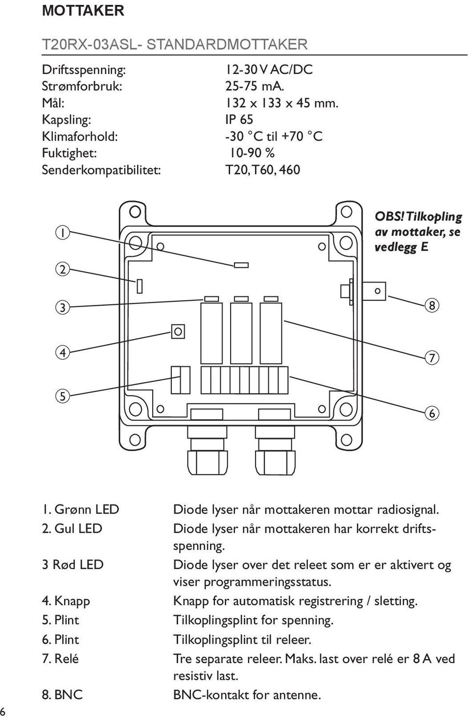 Grønn LED Diode lyser når mottakeren mottar radiosignal. 2. Gul LED Diode lyser når mottakeren har korrekt driftsspenning.