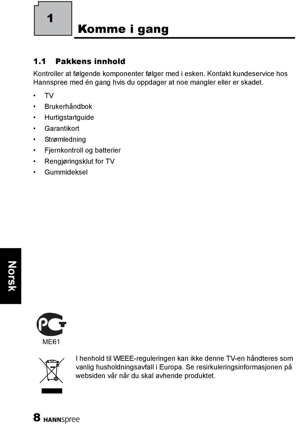 TV Brukerhåndbok Hurtigstartguide Garantikort Strømledning Fjernkontroll og batterier Rengjøringsklut for TV Gummideksel I