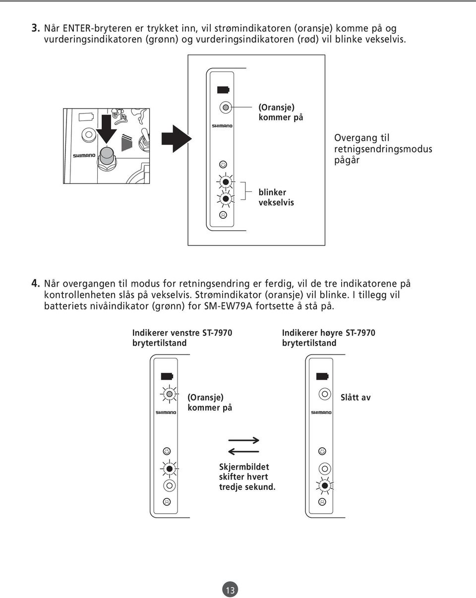 Når overgangen til modus for retningsendring er ferdig, vil de tre indikatorene på kontrollenheten slås på vekselvis. Strømindikator (oransje) vil blinke.