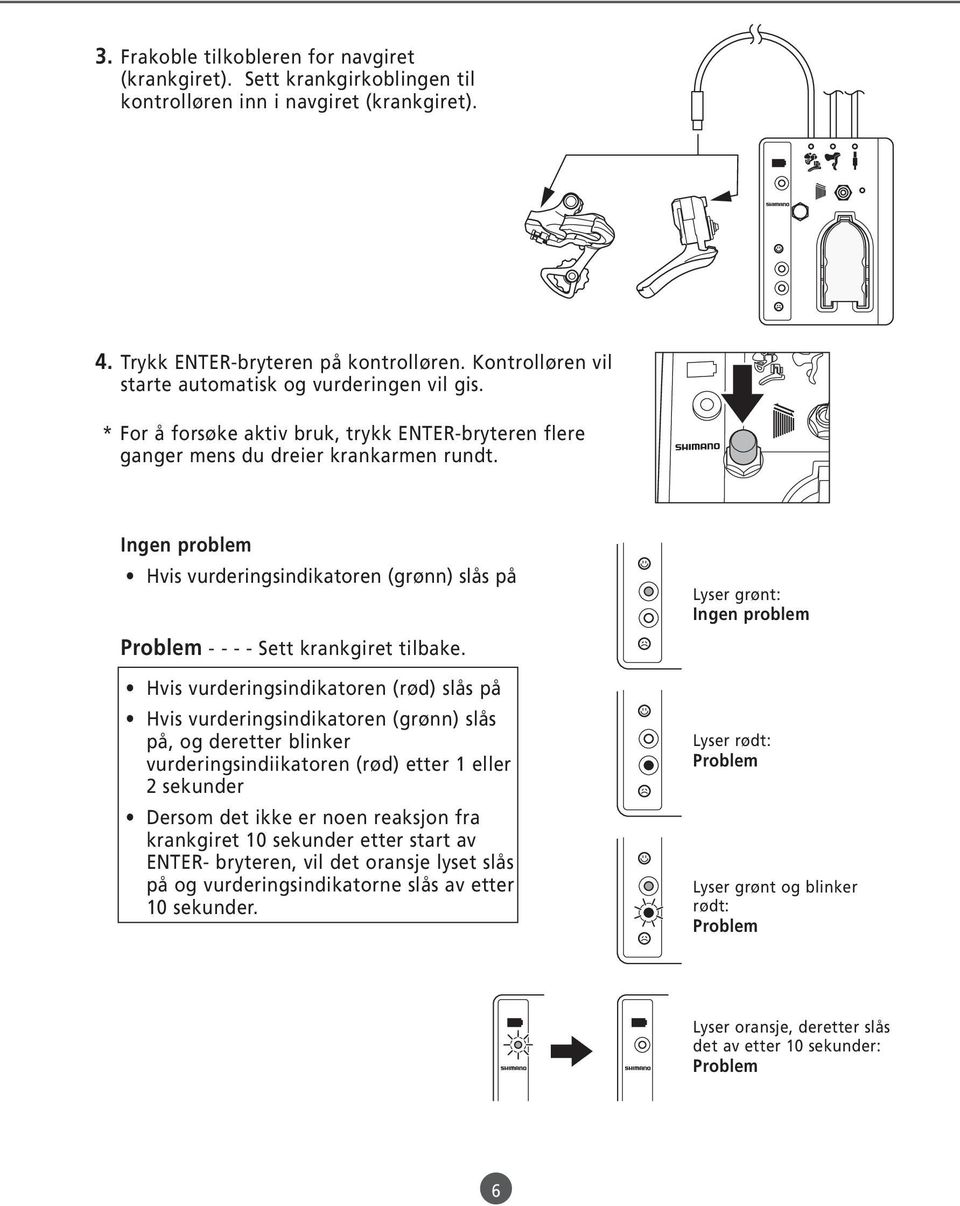 Ingen problem Hvis vurderingsindikatoren (grønn) slås på Problem - - - - Sett krankgiret tilbake.