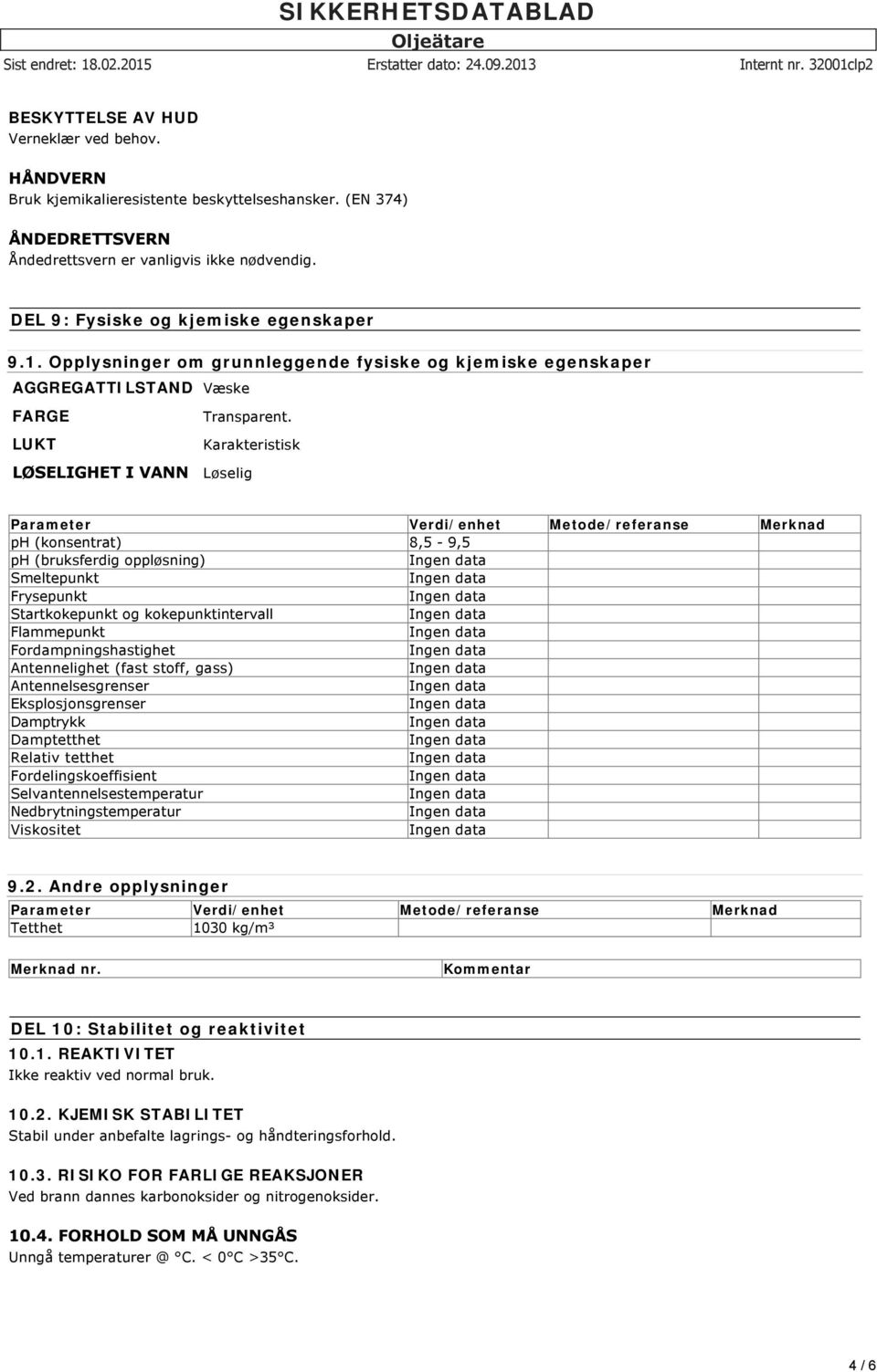 LUKT Karakteristisk LØSELIGHET I VANN Løselig Parameter Verdi/enhet Metode/referanse Merknad ph (konsentrat) 8,5-9,5 ph (bruksferdig oppløsning) Smeltepunkt Frysepunkt Startkokepunkt og