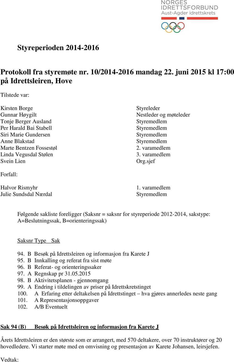 Vegusdal Stølen Svein Lien Styreleder Nestleder og møteleder 2. varamedlem 3. varamedlem Org.sjef Forfall: Halvor Rismyhr Julie Sundsdal Nærdal 1.