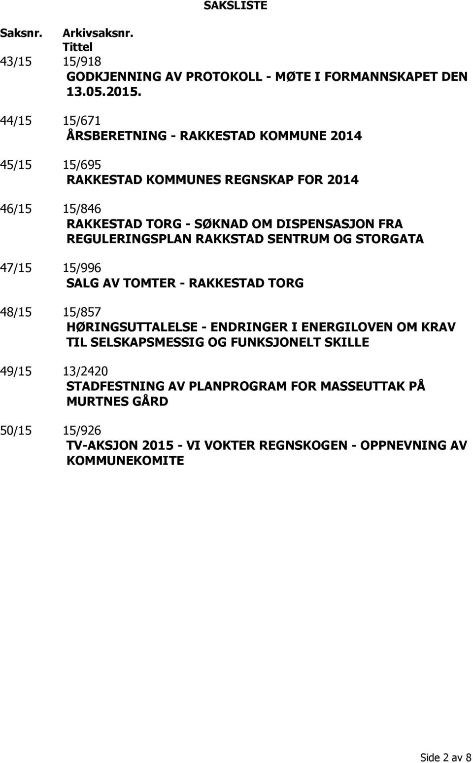 REGULERINGSPLAN RAKKSTAD SENTRUM OG STORGATA 47/15 15/996 SALG AV TOMTER - RAKKESTAD TORG 48/15 15/857 HØRINGSUTTALELSE - ENDRINGER I ENERGILOVEN OM KRAV TIL