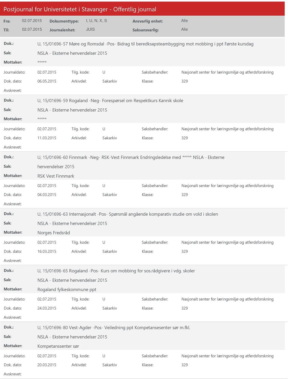 2015 Arkivdel: Sakarkiv, 15/01696-60 Finnmark -Neg- RSK-Vest Finnmark Endringsledelse med NSLA - Eksterne henvendelser 2015 RSK Vest Finnmark Dok. dato: 04.03.