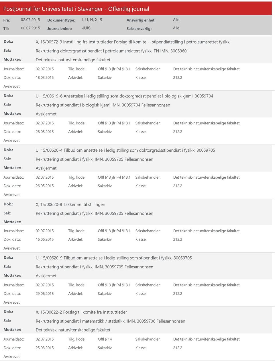 2015 Arkivdel: Sakarkiv, 15/00619-6 Ansettelse i ledig stilling som doktorgradsstipendiat i biologisk kjemi, 30059704 Rekruttering stipendiat i biologisk kjemi IMN, 30059704 Fellesannonsen Dok.