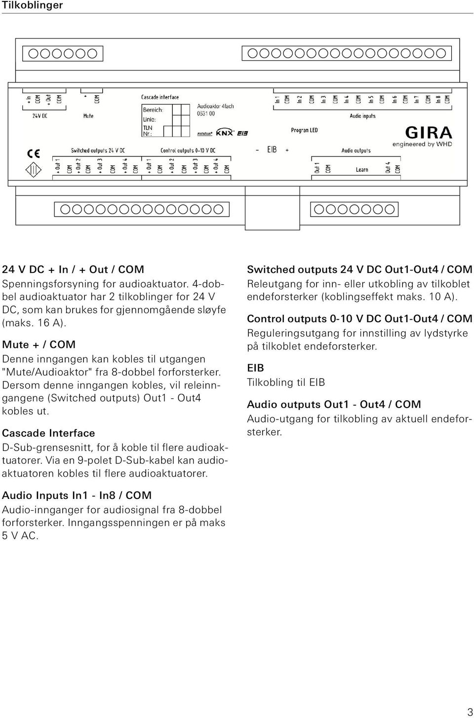 Cascade Interface D-Sub-grensesnitt, for å koble til flere audioaktuatorer. Via en 9-polet D-Sub-kabel kan audioaktuatoren kobles til flere audioaktuatorer.