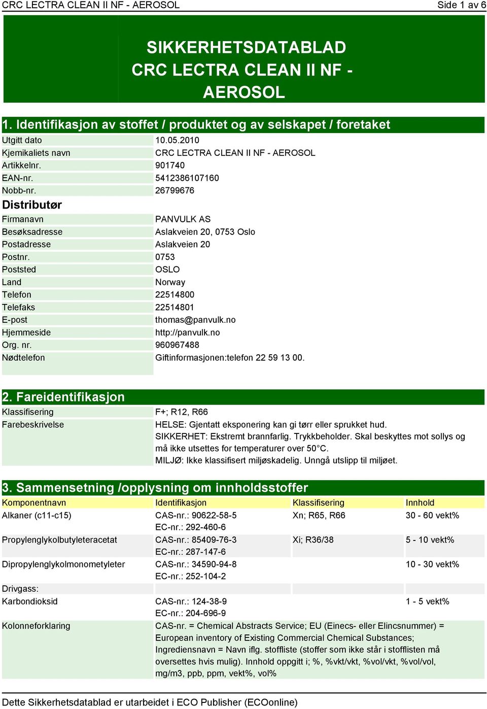 26799676 Distributør Firmanavn Besøksadresse PANVULK AS Aslakveien 20, 0753 Oslo Postadresse Aslakveien 20 Postnr.