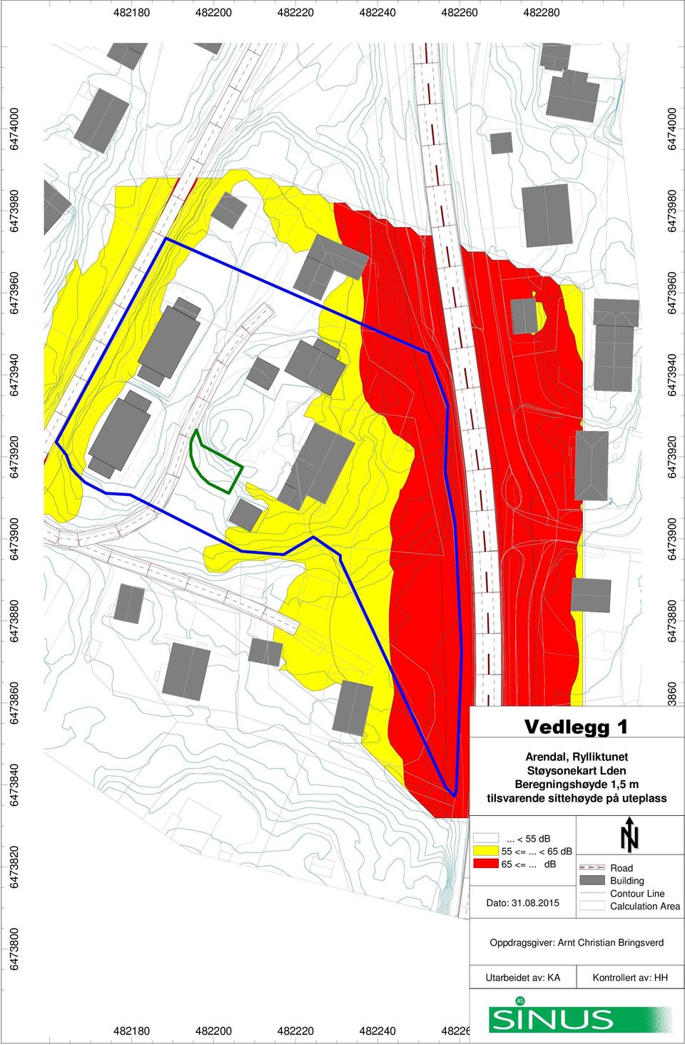 Beregningshøyde 1,5 m tilsvarende sittehøyde på uteplass... < 55 db 55 <=... < 65 db 65 <=... db Dato: 31.08.