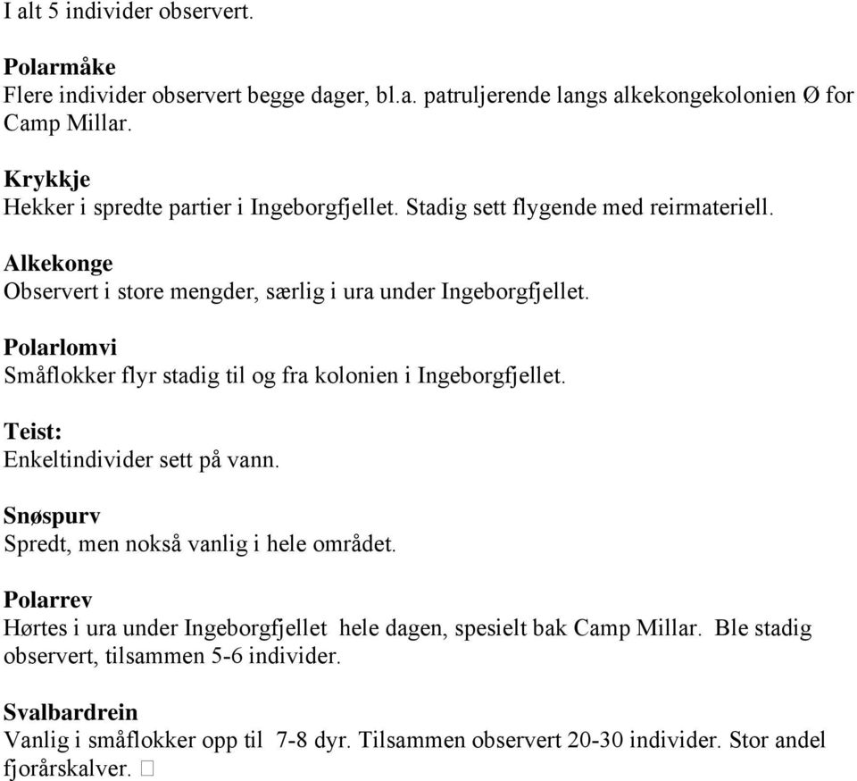 Polarlomvi Småflokker flyr stadig til og fra kolonien i Ingeborgfjellet. Teist: Enkeltindivider sett på vann. Snøspurv Spredt, men nokså vanlig i hele området.