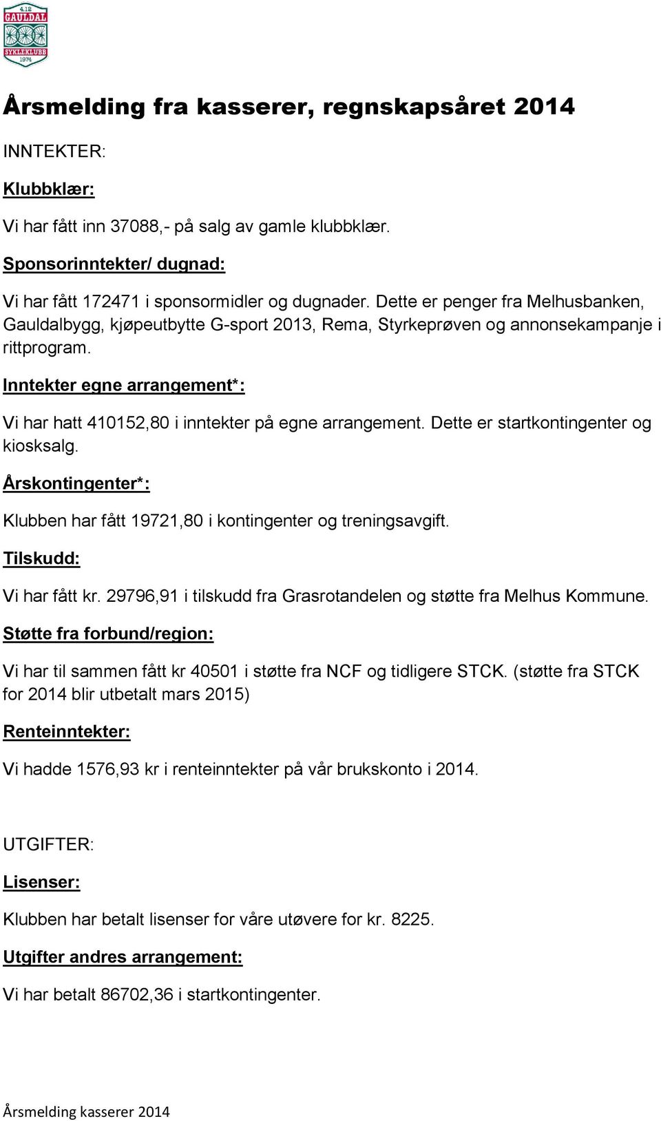 Inntekter egne arrangement*: Vi har hatt 410152,80 i inntekter på egne arrangement. Dette er startkontingenter og kiosksalg.