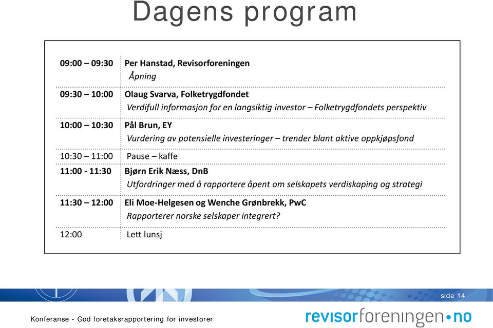 aktive oppkjøpsfond 10:30 11:00 Pause kaffe 11:00-11:30 Bjørn Erik Næss, DnB Utfordringer med å rapportere åpent om selskapets