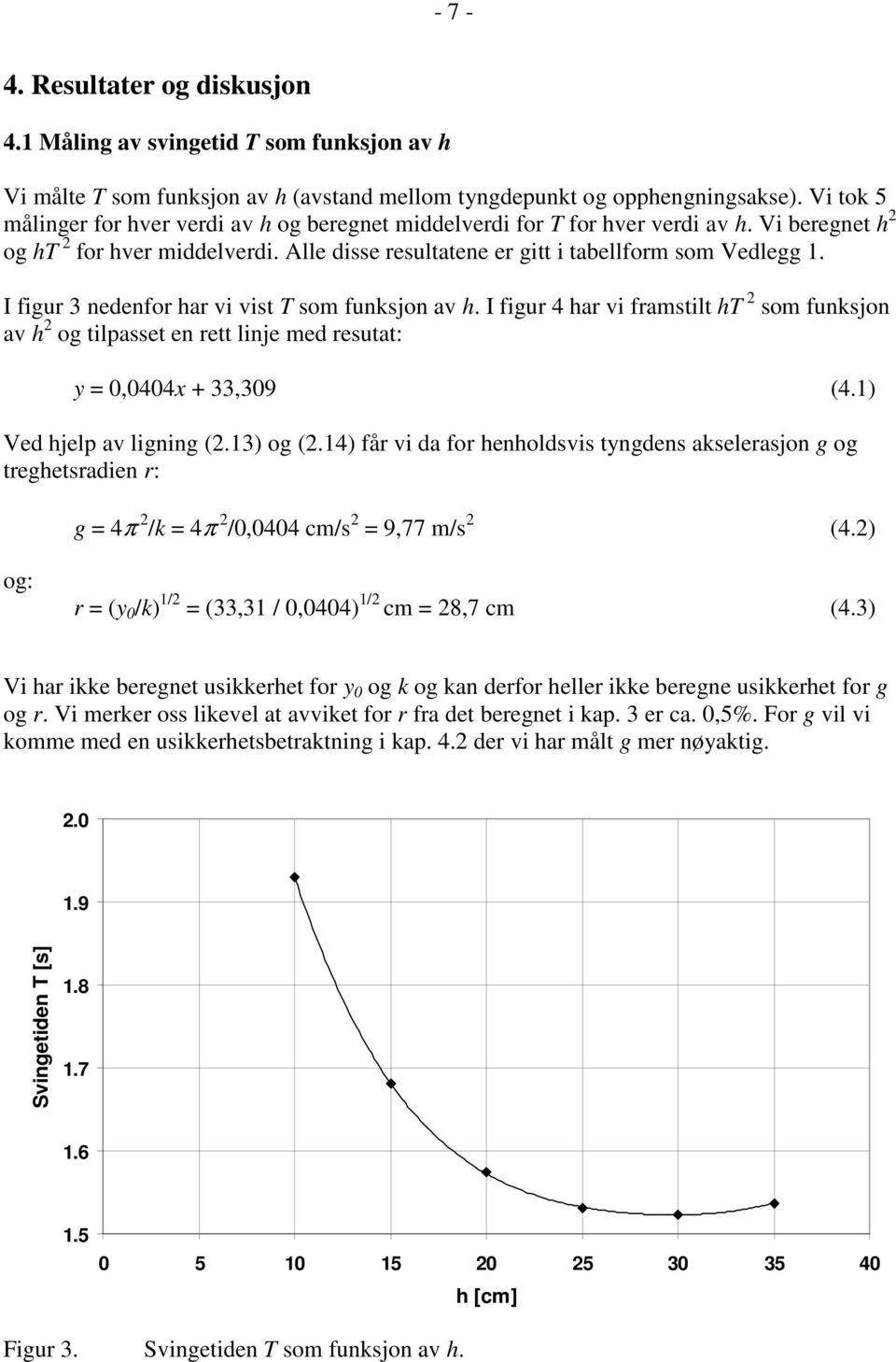 I figur 3 nedenfor har vi vist T som funksjon av h. I figur 4 har vi framstilt ht 2 som funksjon av h 2 og tilpasset en rett linje med resutat: y = 0,0404x + 33,309 (4.1) Ved hjelp av ligning (2.