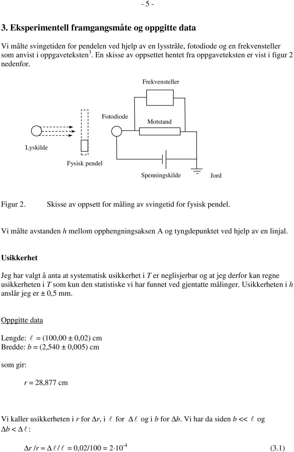 Skisse av oppsett for måling av svingetid for fysisk pendel. Vi målte avstanden h mellom opphengningsaksen A og tyngdepunktet ved hjelp av en linjal.