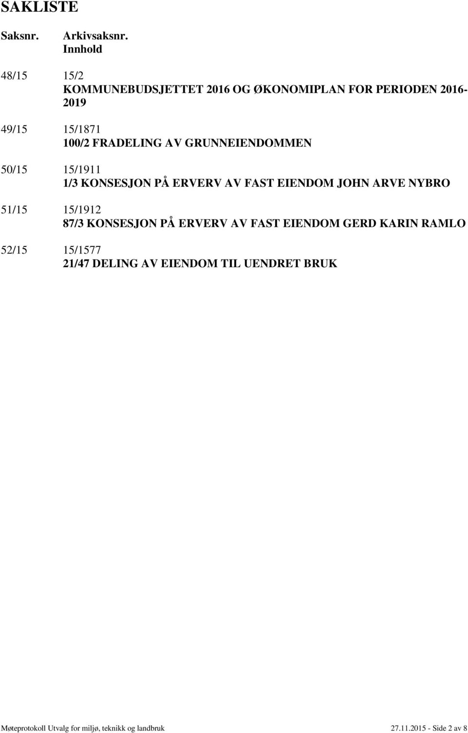 FRADELING AV GRUNNEIENDOMMEN 50/15 15/1911 1/3 KONSESJON PÅ ERVERV AV FAST EIENDOM JOHN ARVE NYBRO 51/15