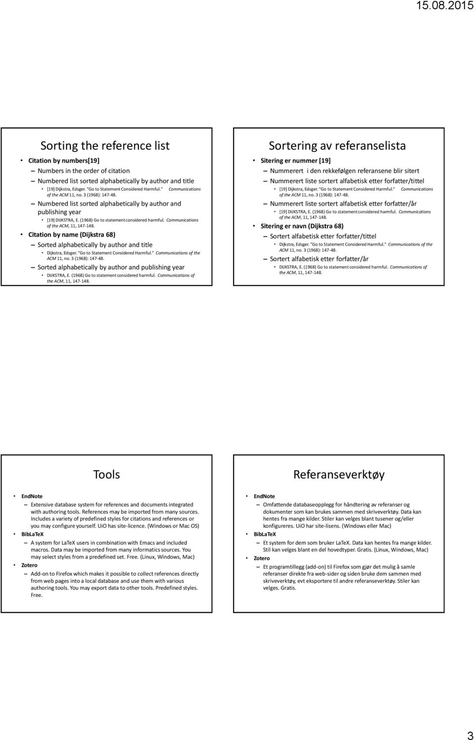 Communications of the ACM, 11, 147-148. Citation by name (Dijkstra 68) Sorted alphabetically by author and title Dijkstra, Edsger. "Go to Statement Considered Harmful.