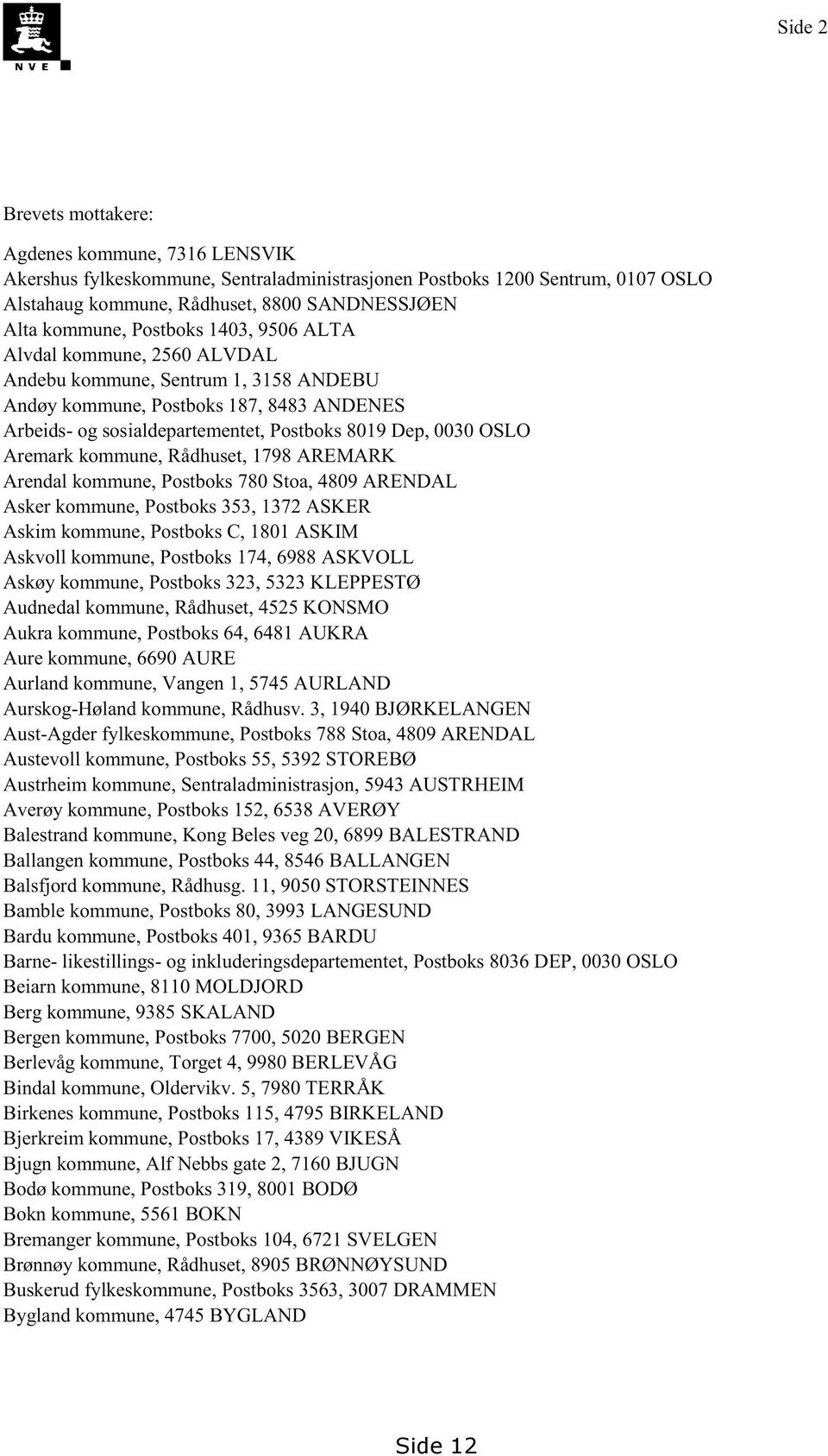 Aremarkkommune,Rådhuset,1798AREMARK Arendalkommune,Postboks780Stoa,4809ARENDAL Askerkommune,Postboks353,1372ASKER Askim kommune,postboksc, 1801ASKIM Askvoll kommune,postboks174,6988askvoll