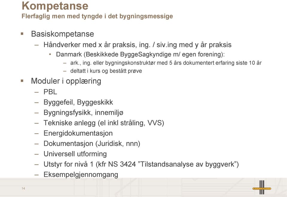 eller bygningskonstruktør med 5 års dokumentert erfaring siste 10 år Moduler i opplæring PBL deltatt i kurs og bestått prøve Byggefeil,