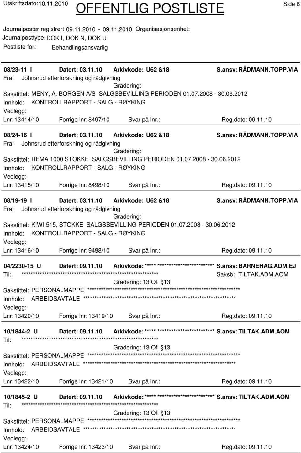 07.2008-30.06.2012 Lnr: 13416/10 Forrige lnr: 9498/10 Svar på lnr.: Reg.dato: 09.11.10 04/2230-15 U Datert: 09.11.10 Arkivkode:***** ****************************** S.ansv: BARNEHAG.ADM.