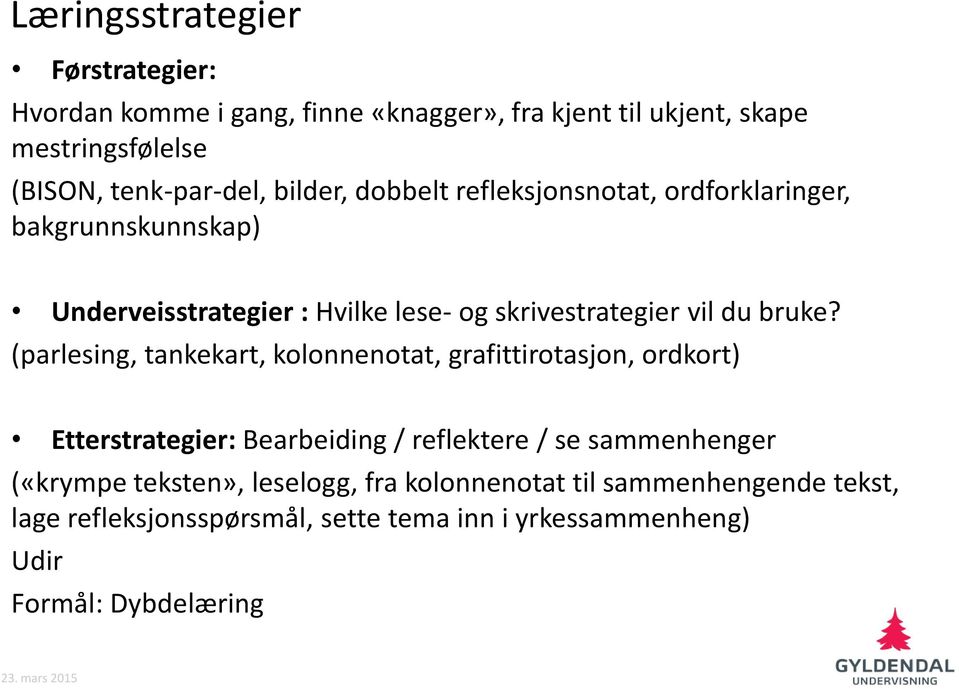 (parlesing, tankekart, kolonnenotat, grafittirotasjon, ordkort) Etterstrategier: Bearbeiding / reflektere / se sammenhenger («krympe