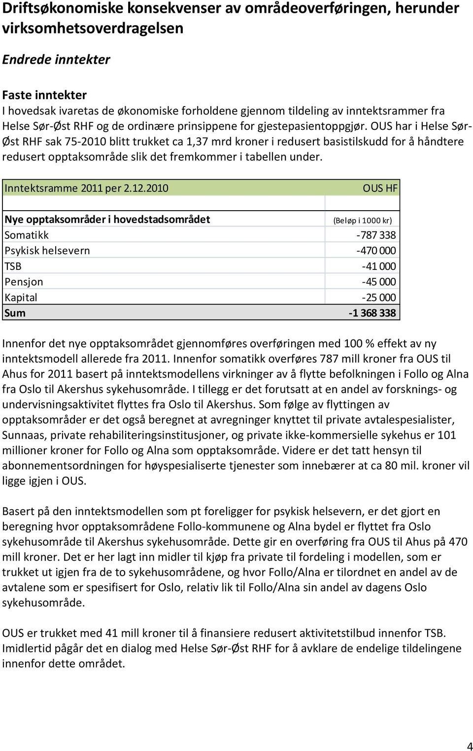 OUS har i Helse Sør Øst RHF sak 75 2010 blitt trukket ca 1,37 mrd kroner i redusert basistilskudd for å håndtere redusert opptaksområde slik det fremkommer i tabellen under. Inntektsramme 2011 per 2.