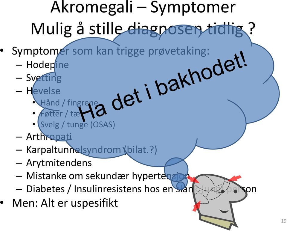 Føtter / tær Svelg / tunge (OSAS) Arthropati Karpaltunnelsyndrom (bilat.