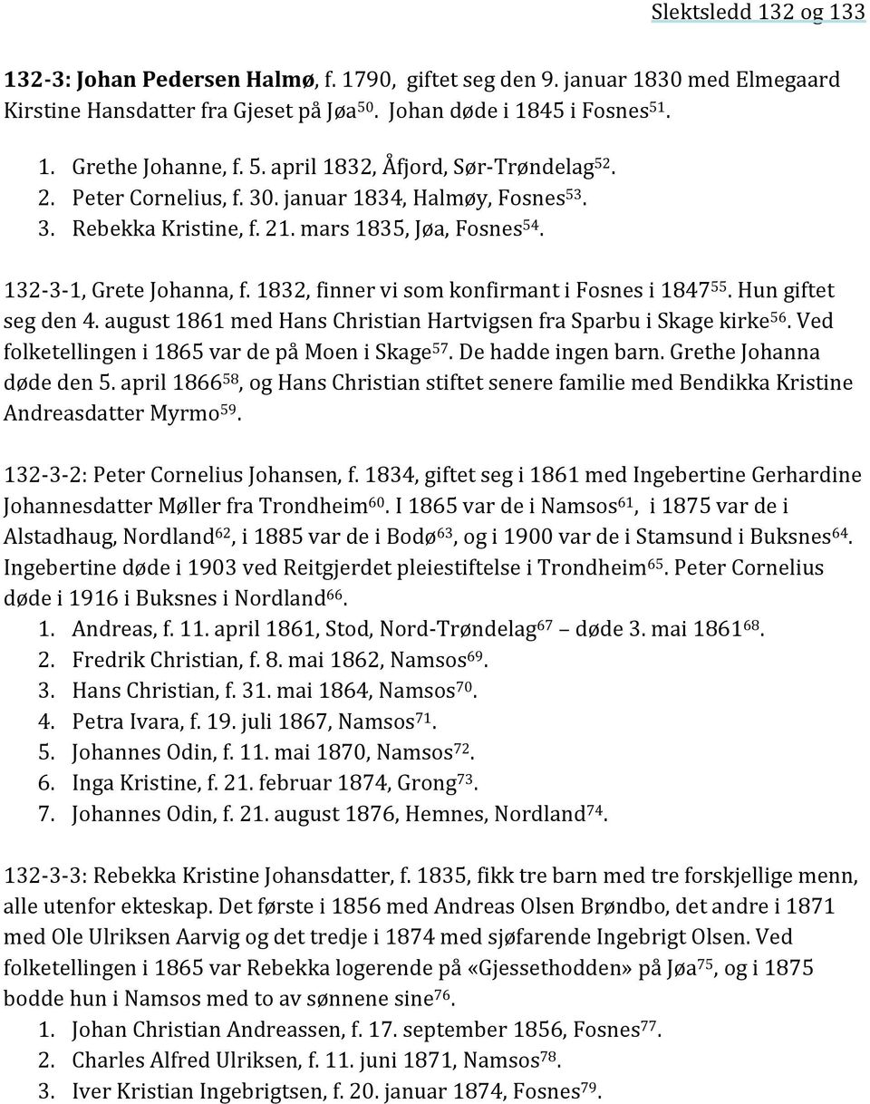 Hun giftet seg den 4. august 1861 med Hans Christian Hartvigsen fra Sparbu i Skage kirke 56. Ved folketellingen i 1865 var de på Moen i Skage 57. De hadde ingen barn. Grethe Johanna døde den 5.