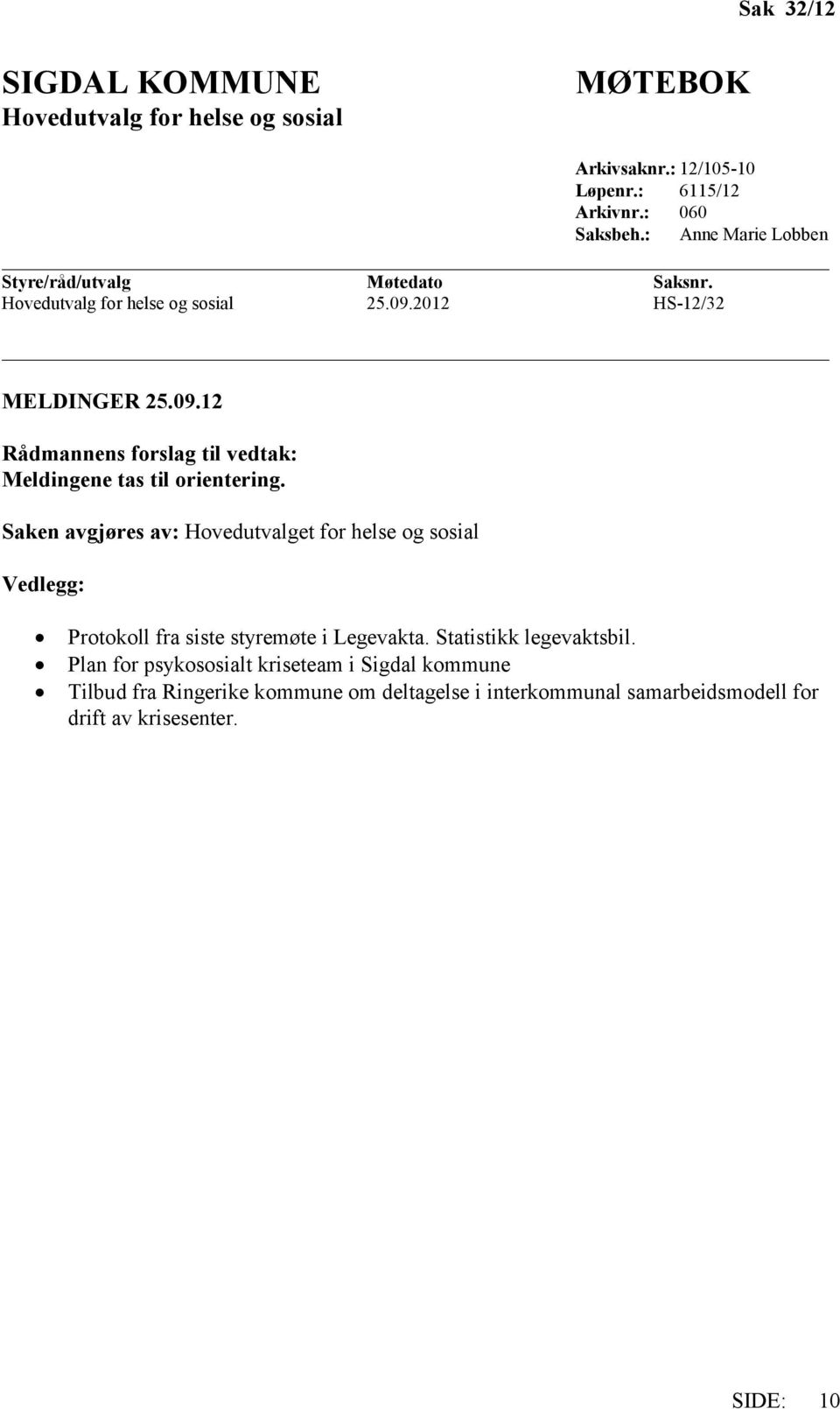 2012 HS-12/32 MELDINGER 25.09.12 Rådmannens forslag til vedtak: Meldingene tas til orientering.
