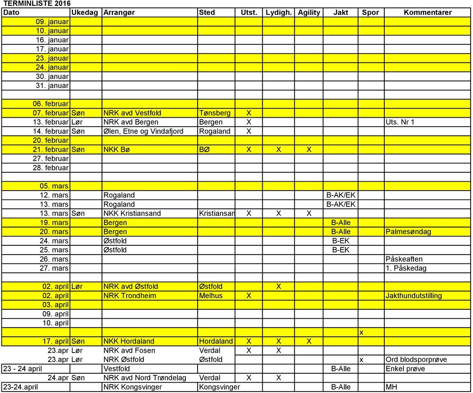 februar 28. februar 05. mars 12. mars Rogaland B-AK/EK 13. mars Rogaland B-AK/EK 13. mars Søn NKK Kristiansand Kristiansand X X X 19. mars Bergen B-Alle 20. mars Bergen B-Alle Palmesøndag 24.