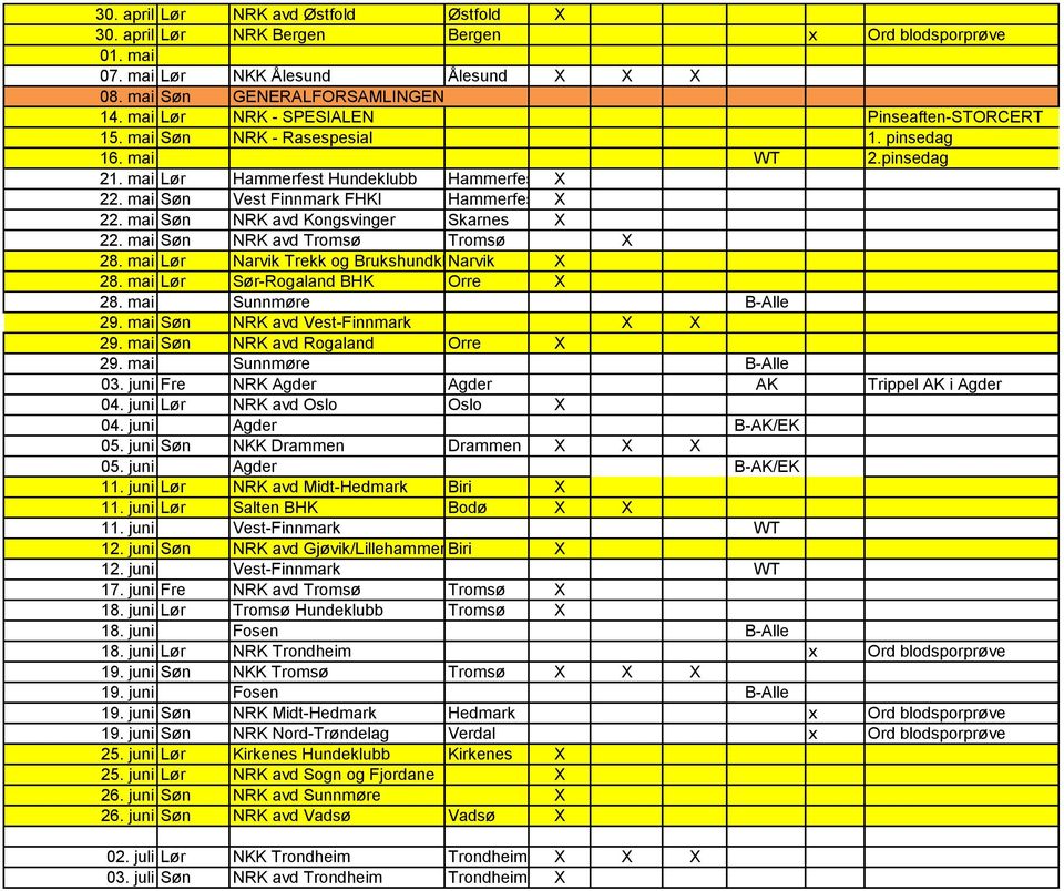 mai Søn Vest Finnmark FHKl Hammerfest X 22. mai Søn NRK avd Kongsvinger Skarnes X 22. mai Søn NRK avd Tromsø Tromsø X 28. mai Lør Narvik Trekk og Brukshundkl Narvik X 28.