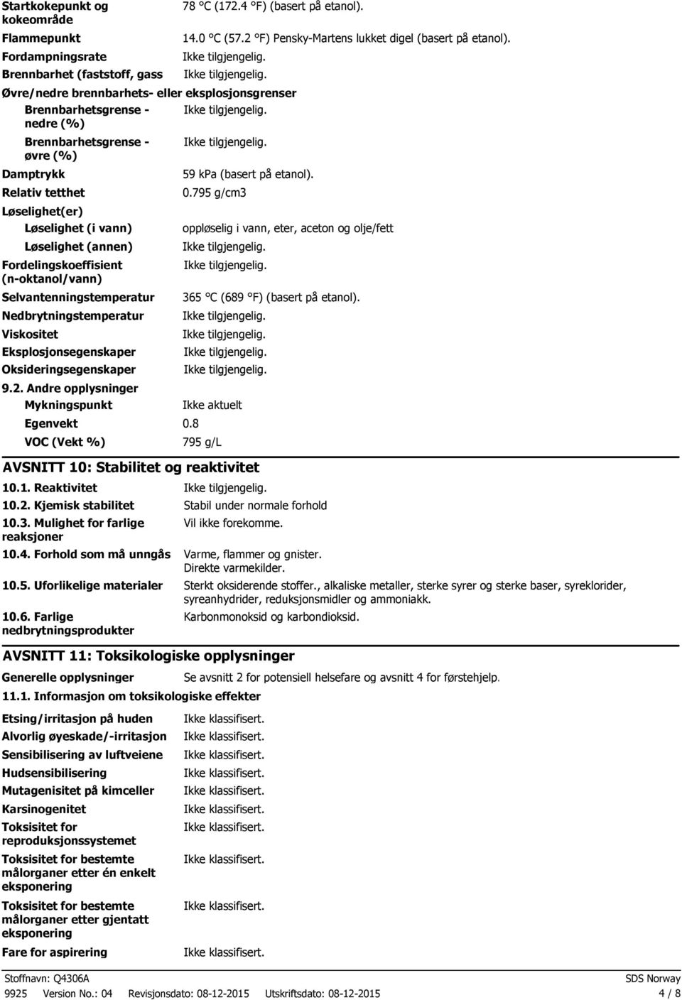 vann) Løselighet (annen) Fordelingskoeffisient (n-oktanol/vann) Selvantenningstemperatur Nedbrytningstemperatur Viskositet Eksplosjonsegenskaper Oksideringsegenskaper 9.2.