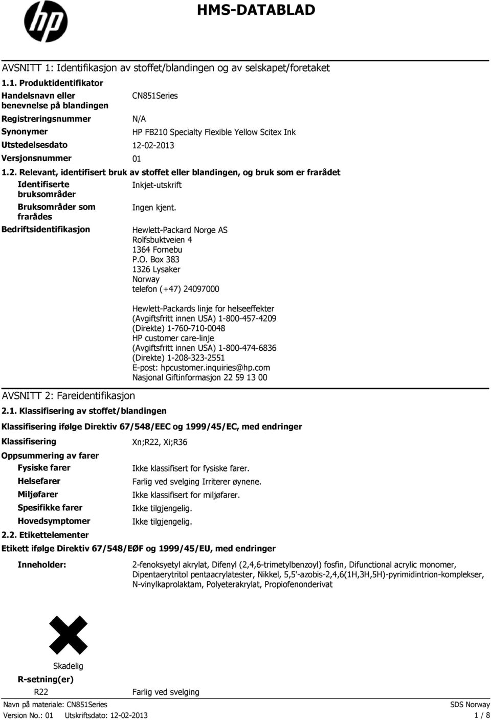 1. Produktidentifikator Handelsnavn eller benevnelse på blandingen Registreringsnummer Synonymer CN851Series N/A Utstedelsesdato 12022013 Versjonsnummer 01 HP FB210 Specialty Flexible Yellow Scitex