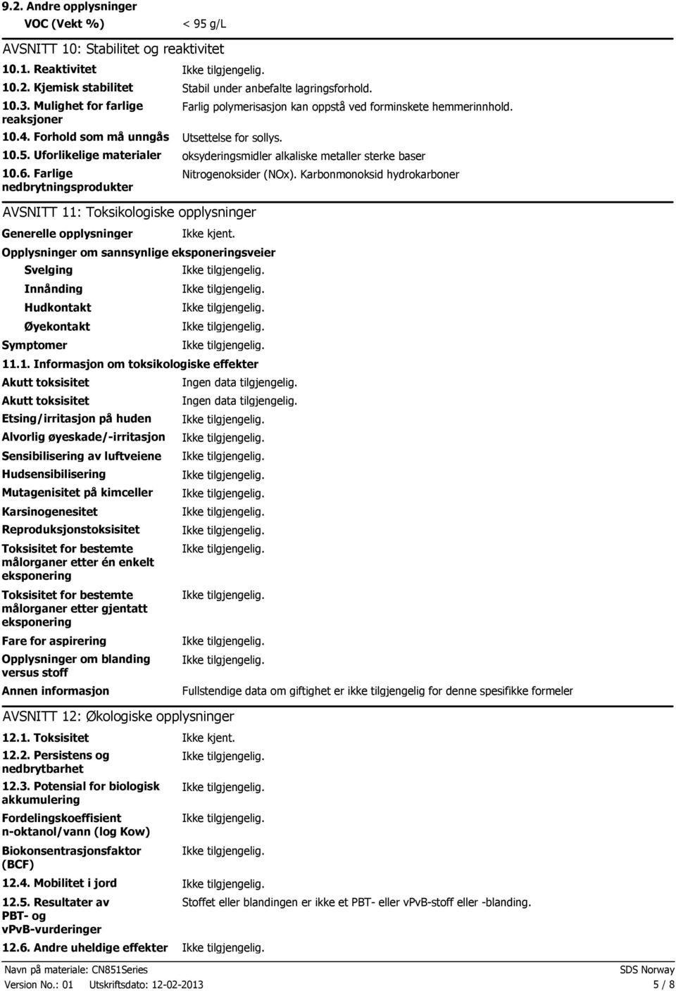 Uforlikelige materialer oksyderingsmidler alkaliske metaller sterke baser 10.6. Farlige nedbrytningsprodukter Nitrogenoksider (NOx).