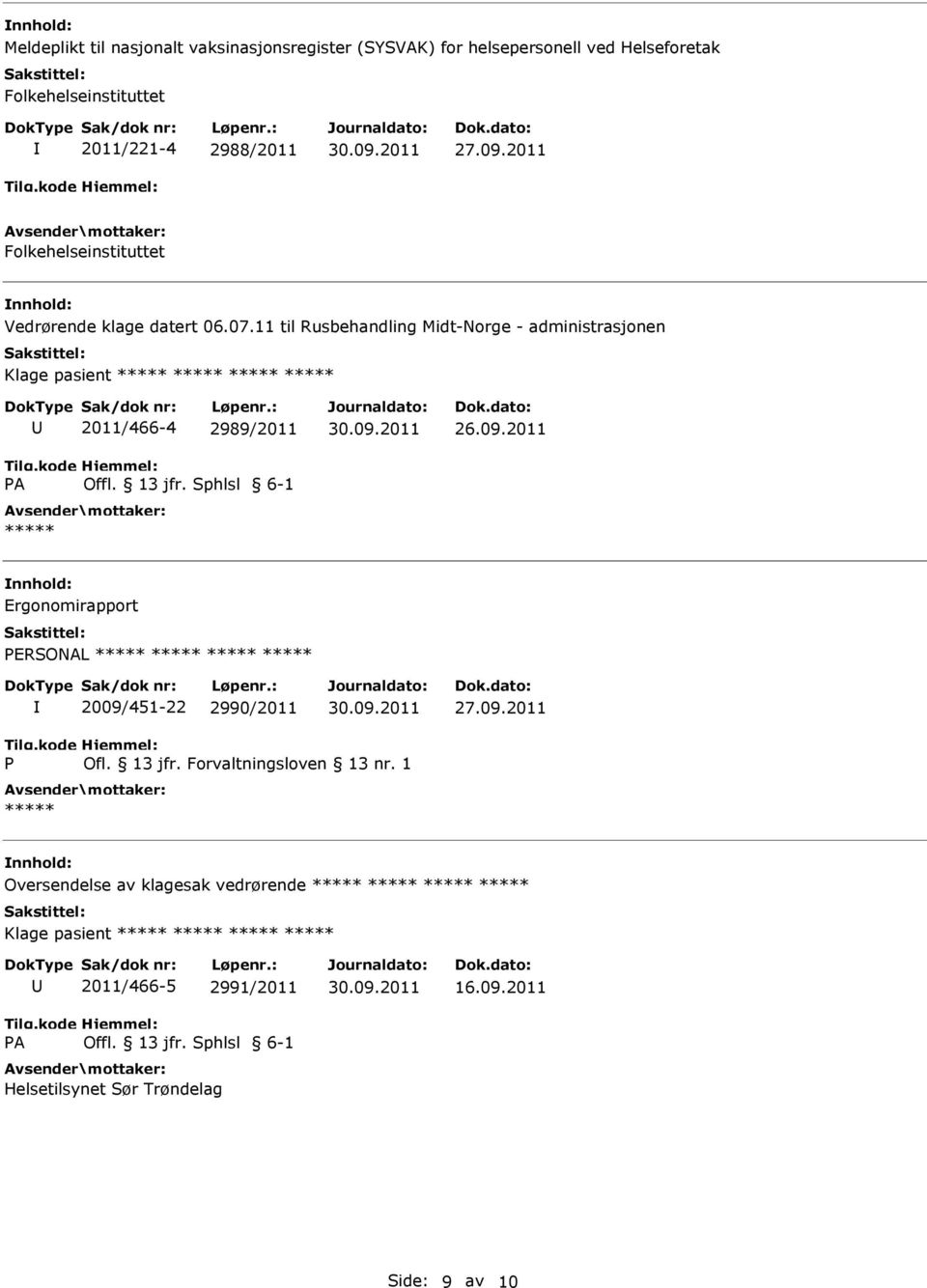 11 til Rusbehandling Midt-Norge - administrasjonen Klage pasient A 2011/466-4 2989/2011 Offl. 13 jfr.