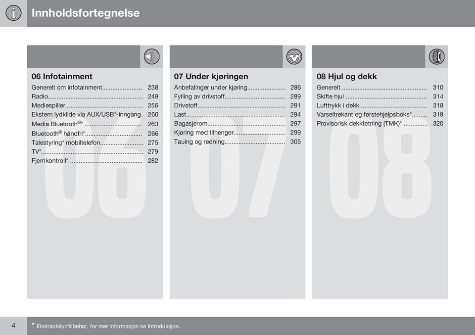 .. 266 Kjøring med tilhenger... 299 Talestyring* mobiltelefon... 275 Tauing og redning... 305 TV*... 279 Fjernkontroll*... 282 08 Hjul og dekk 08 Generelt.