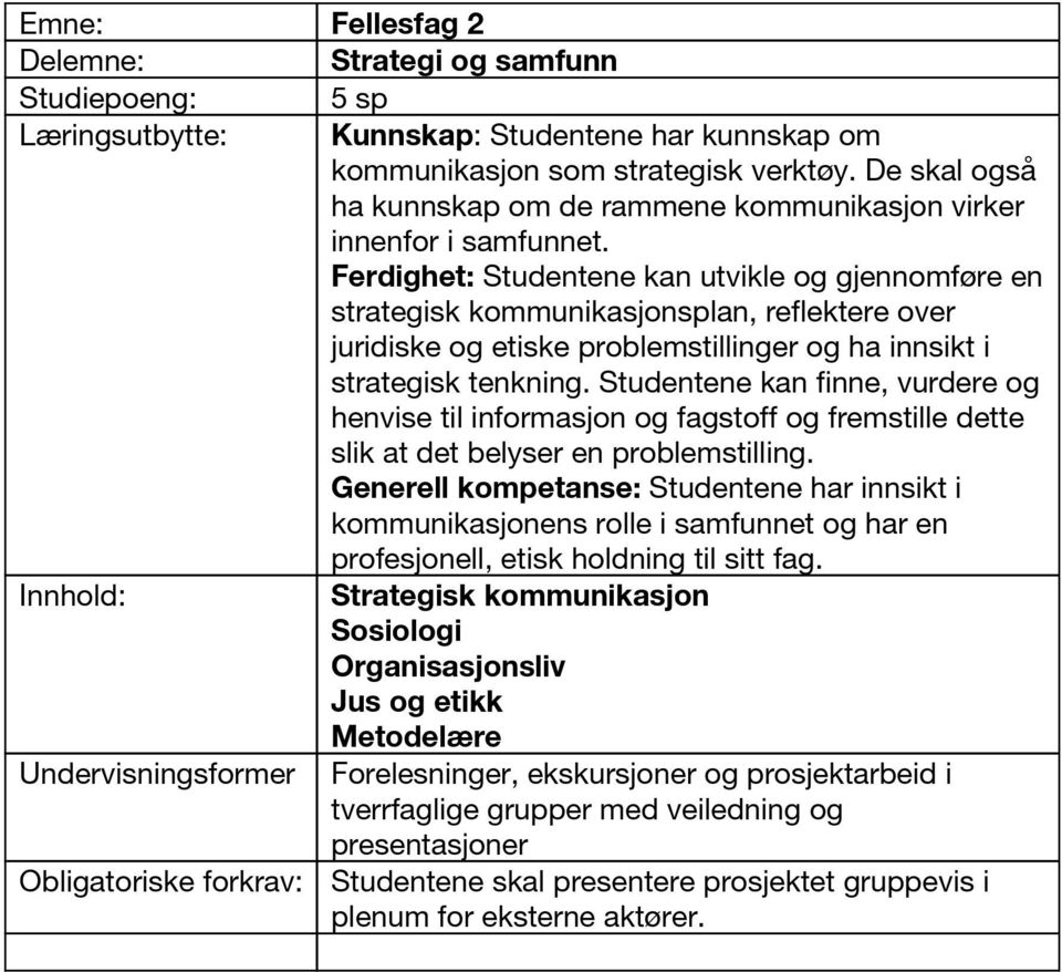 Ferdighet: Studentene kan utvikle og gjennomføre en strategisk kommunikasjonsplan, reflektere over juridiske og etiske problemstillinger og ha innsikt i strategisk tenkning.