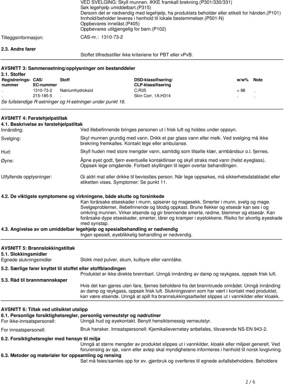 kriteriene for PBT eller vpvb AVSNITT 3: Sammensetning/opplysninger om bestanddeler 31 Stoffer Registreringsnummer CAS/ EC-nummer Stoff DSD-klassifisering/ CLP-klassifisering 1310-73-2