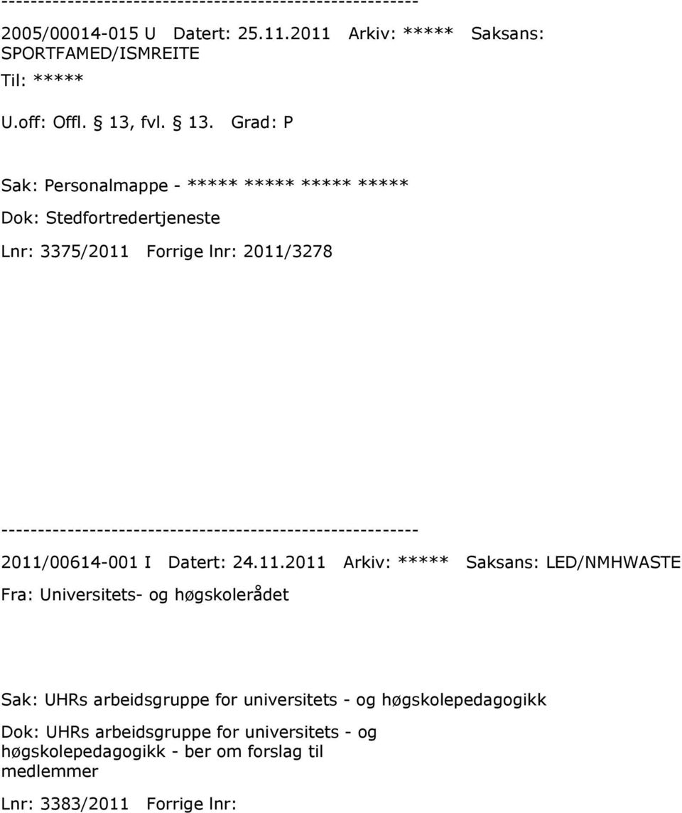 Grad: P Sak: Personalmappe - ***** ***** ***** ***** Dok: Stedfortredertjeneste Lnr: 3375/2011 Forrige lnr: 2011/3278