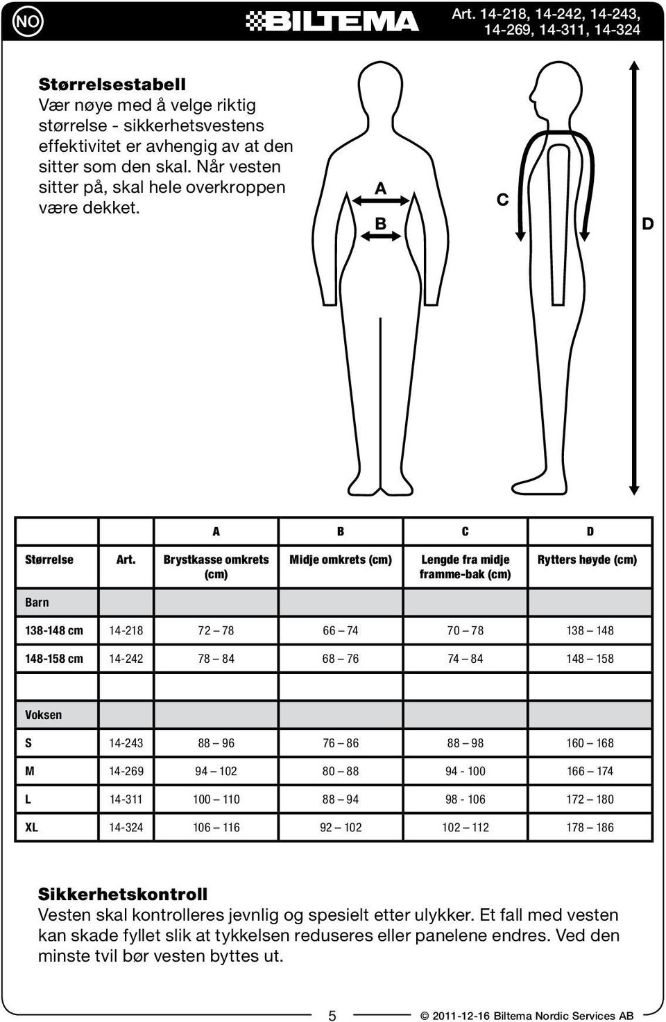 Brystkasse omkrets Midje omkrets Lengde fra midje framme-bak Rytters høyde Barn 138-148 cm 14-218 72 78 66 74 70 78 138 148 148-158 cm 14-242 78 84 68 76 74 84 148 158 Voksen S 14-243 88