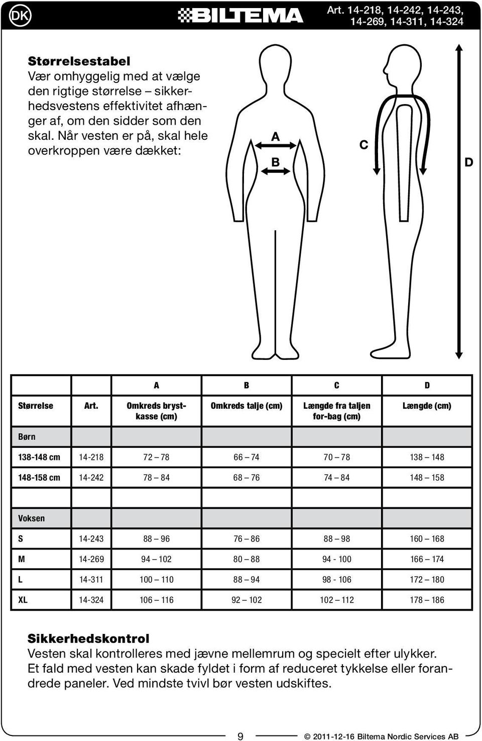 Omkreds brystkasse Omkreds talje Længde fra taljen for-bag Længde Børn 138-148 cm 14-218 72 78 66 74 70 78 138 148 148-158 cm 14-242 78 84 68 76 74 84 148 158 Voksen S 14-243 88 96 76 86