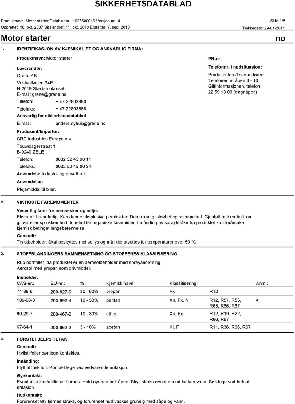 no Telefon: 0032 52 45 60 11 Telefaks: 0032 52 45 00 34 Anvendels: Industri- og privatbruk. Anvendelse: Plejemiddel til biler. PR-nr.: Telefonnr. i nødsituasjon: Side 1/5 Produsenten /leverandøren.