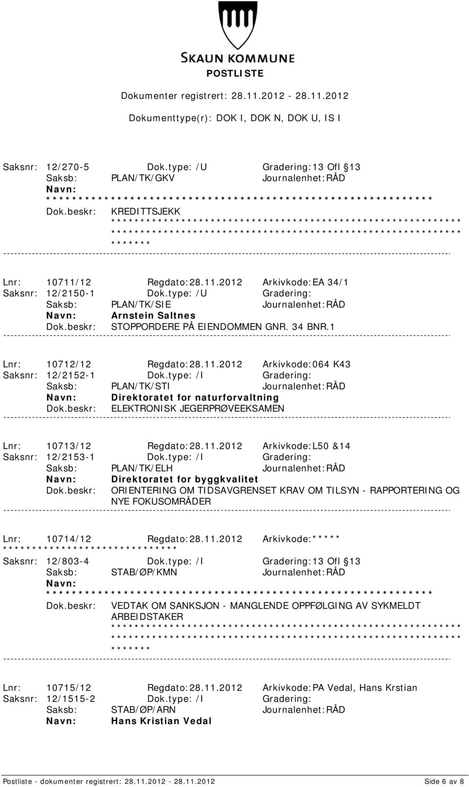 type: /I Gradering: Saksb: PLAN/TK/STI Journalenhet:RÅD Direktoratet for naturforvaltning ELEKTRONISK JEGERPRØVEEKSAMEN Lnr: 10713/12 Regdato:28.11.2012 Arkivkode:L50 &14 Saksnr: 12/2153-1 Dok.