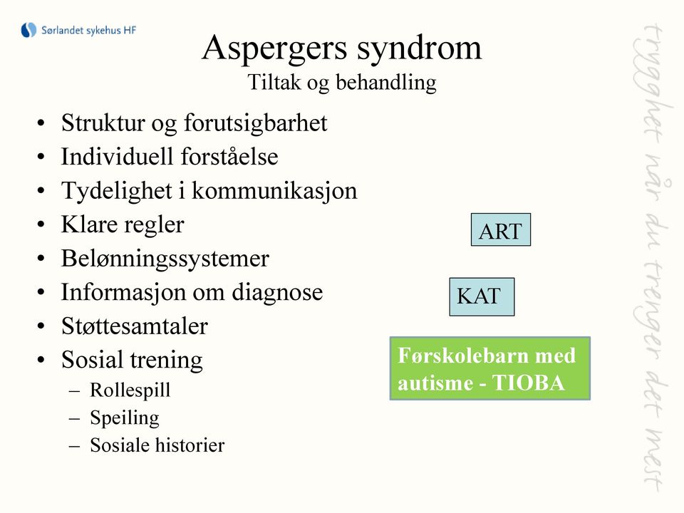 Belønningssystemer Informasjon om diagnose Støttesamtaler Sosial