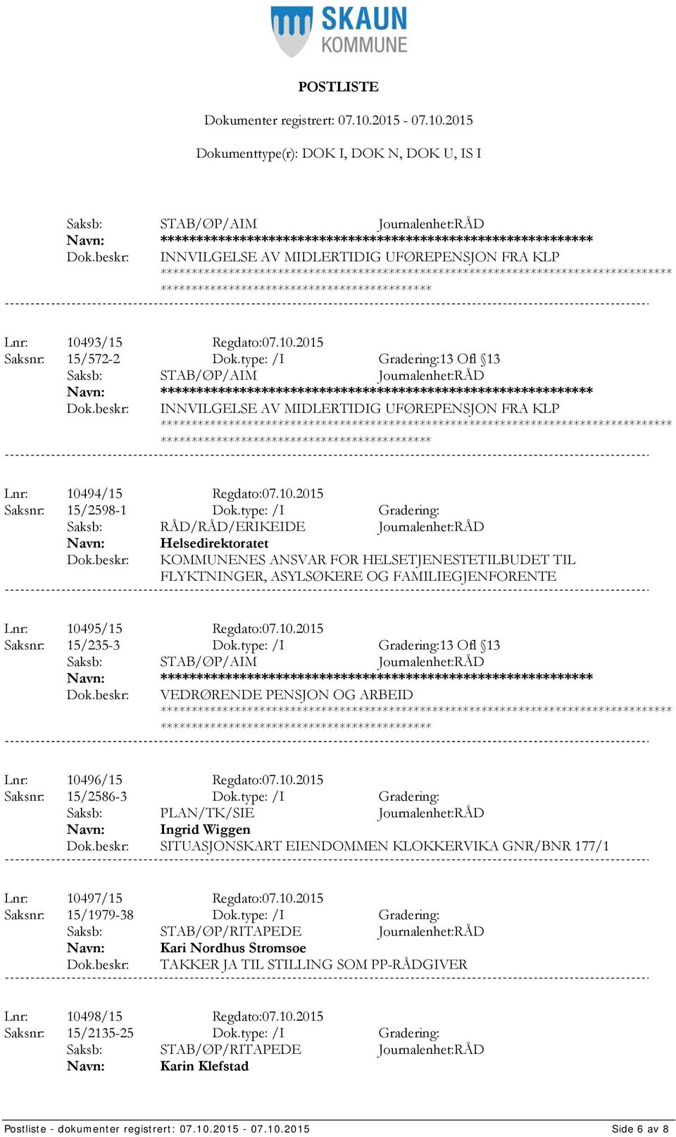 type: /I Gradering: Saksb: RÅD/RÅD/ERIKEIDE Journalenhet:RÅD Helsedirektoratet KOMMUNENES ANSVAR FOR HELSETJENESTETILBUDET TIL FLYKTNINGER, ASYLSØKERE OG FAMILIEGJENFORENTE Lnr: 10495/15 Regdato:07.