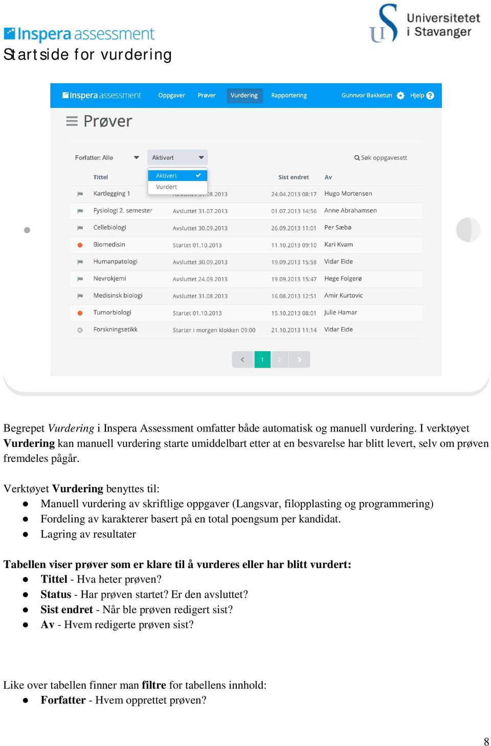 Verktøyet Vurdering benyttes til: Manuell vurdering av skriftlige oppgaver (Langsvar, filopplasting og programmering) Fordeling av karakterer basert på en total poengsum per kandidat.